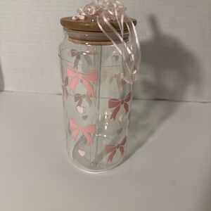 Pink and Brown Bow Glass Jar with Wooden Lid